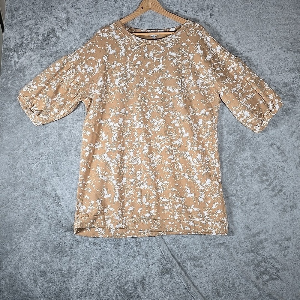 Anthropologie FATE Shirt Women Large Tan/ White Desighed Puff Sleeve Casual Top